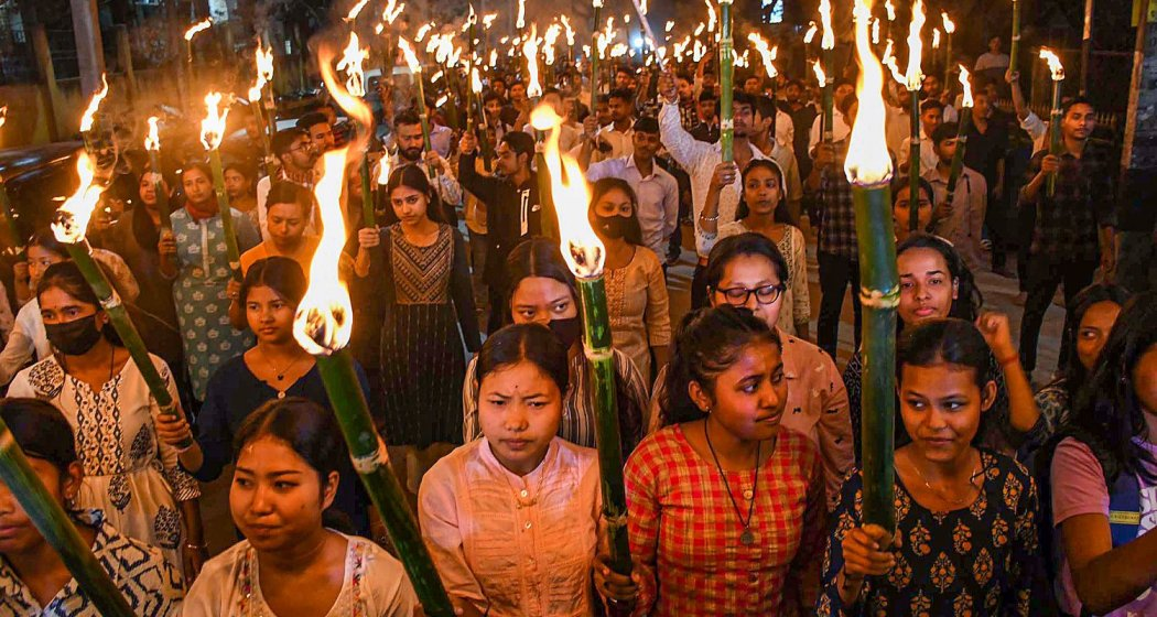 Members of the All Assam Students' Union (AASU) stage a protest in Guwahati against the Centre's decision to implement the CAA.