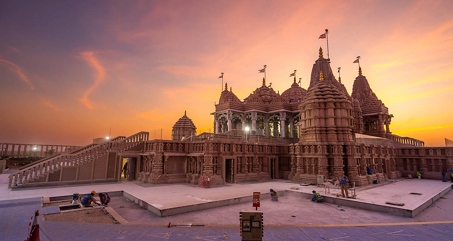 Mahant Swami Maharaj, the spiritual leader of BAPS, arrives at the BAPS Hindu Mandir, Abu Dhabi marking the beginning of the Festival of Harmony.