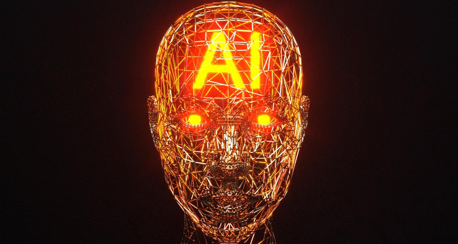 A Robot with the glowing text "AI"  inside of its skull