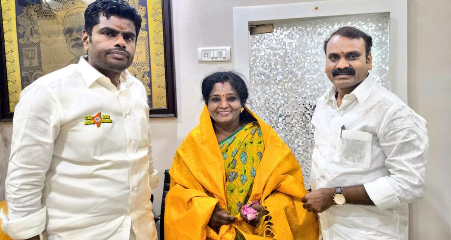 Tamilisai Soundararajan rejoins BJP in the presence of Tamil Nadu BJP chief K. Annamalai and Union Minister L. Murugan. 