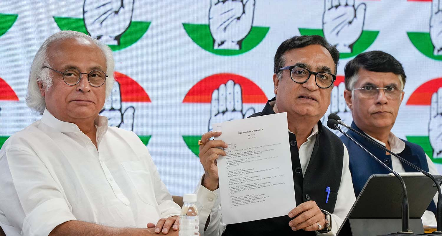 Congress leaders Jairam Ramesh and Ajay Maken during a press conference, in New Delhi, Friday.