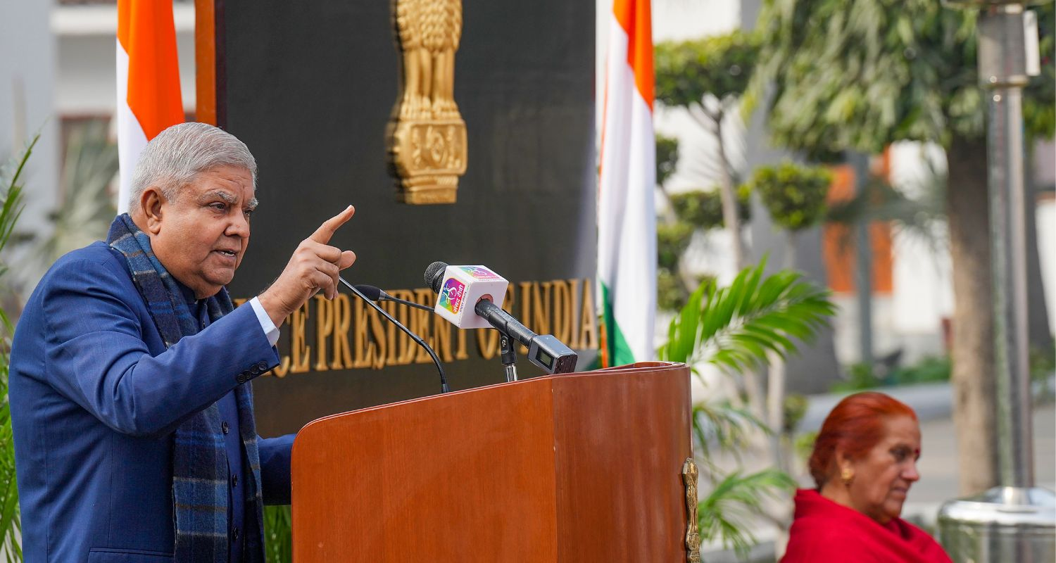 Vice-President Jagdeep Dhankhar speaks to tribal students in Delhi.