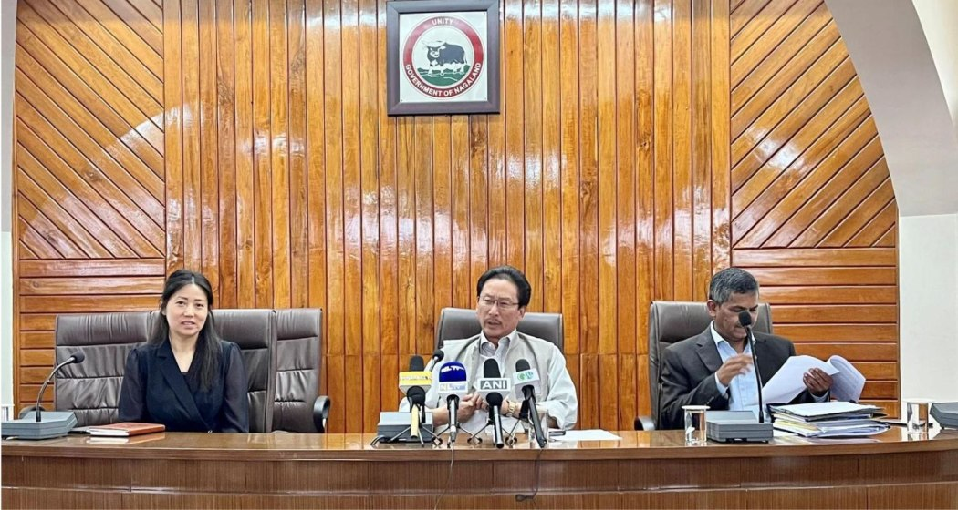 Delegates from the Nagaland governemtn including State Minister K G Kenye (C) during their interaction with media persons regarding their call to ENPO to not abstain from the urban and local body elections scheduled to be held on June 26.