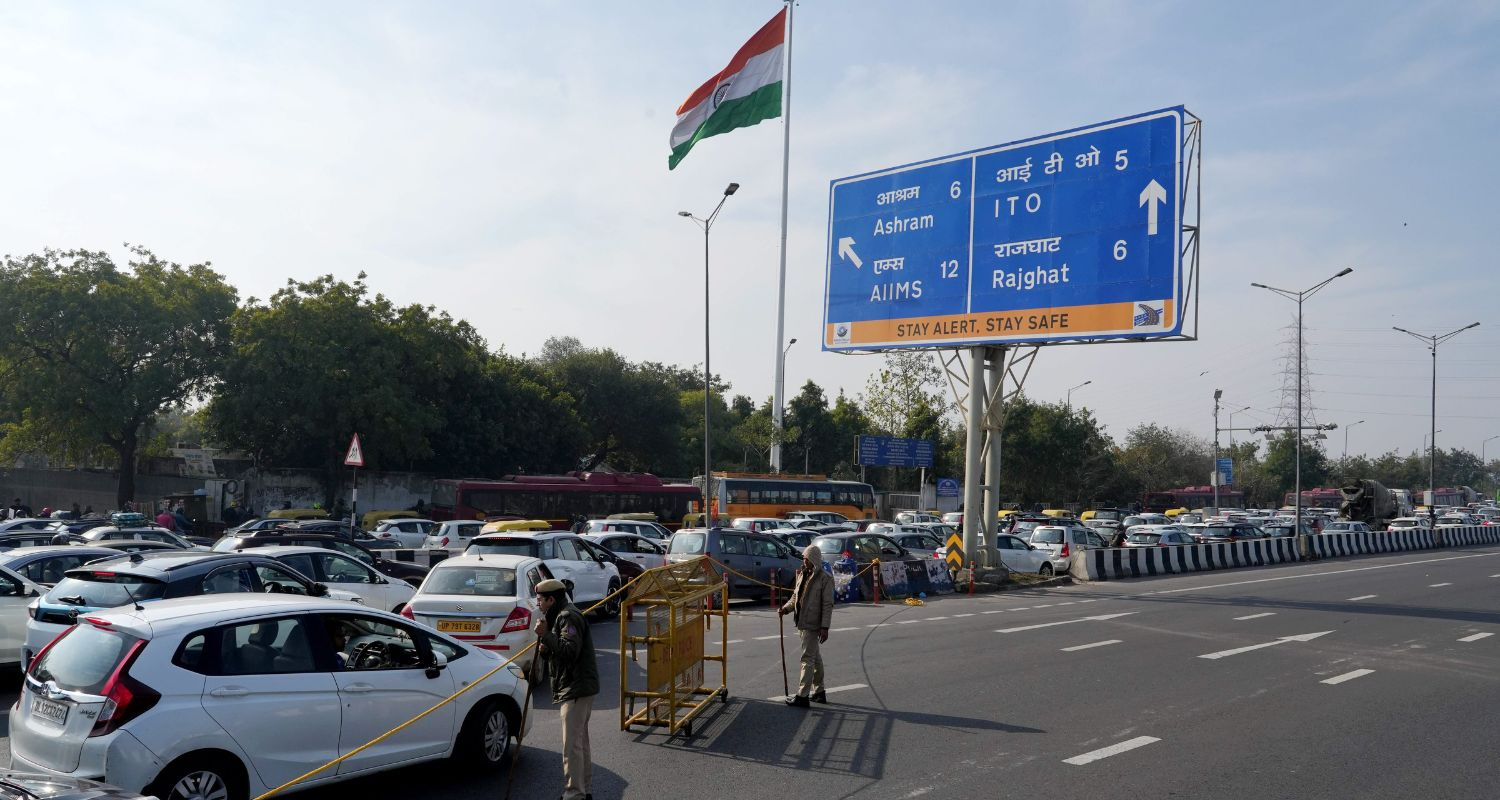 Vehicles stuck in a traffic jam at NH 24 due to a road closure ahead of farmers protest, in New Delhi on Thursday.