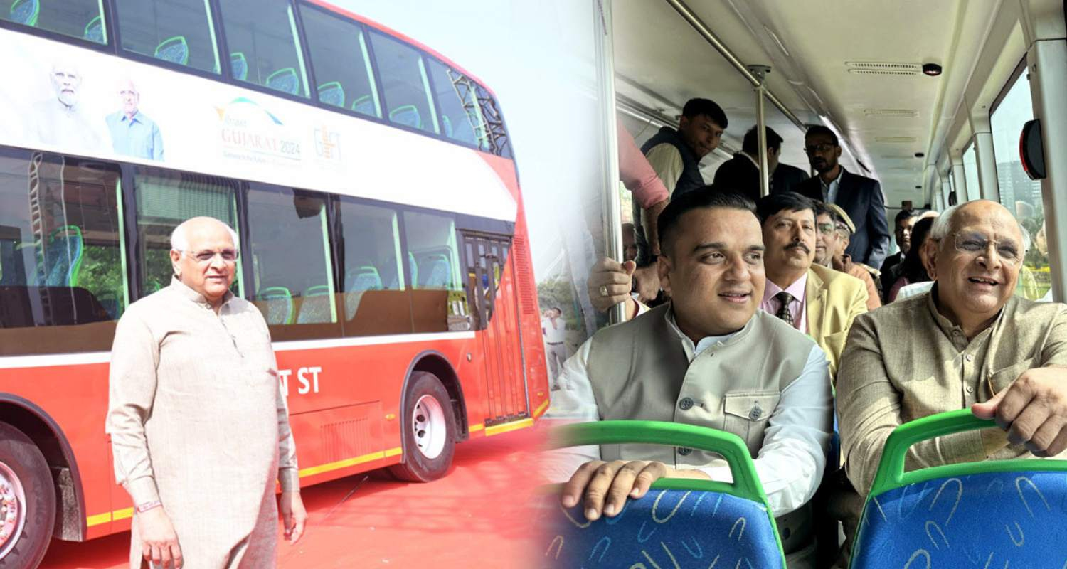 Chief Minister Bhupendra Patel and Minister Harsh Sanghvi taking a ride in the Newly inaugurated double-decker bus