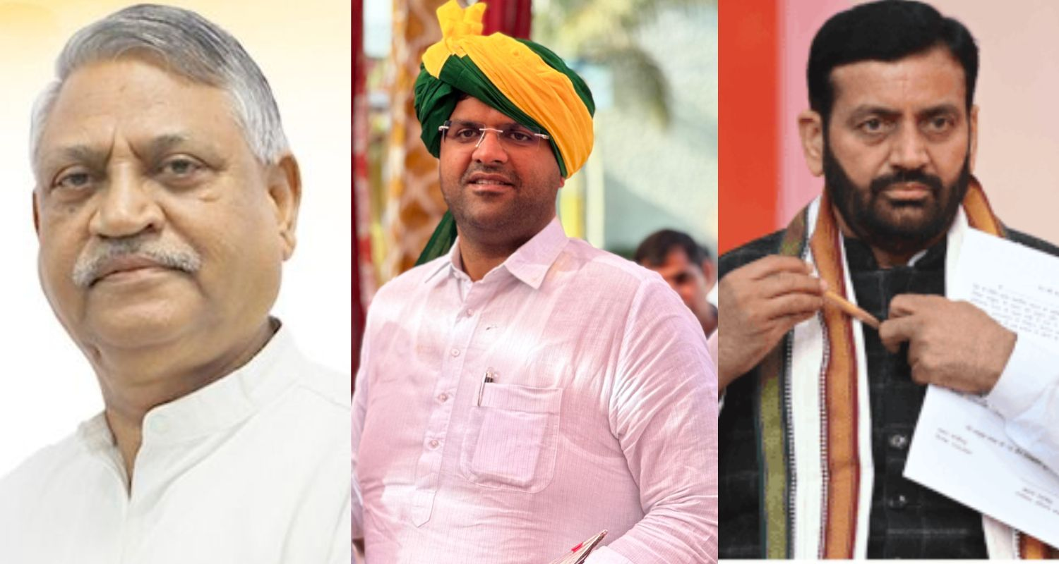 Haryana Congress chief Udai Bhan (left), JJP Leader Dushyant Chautala (centre), Haryana CM Nayab Singh Saini (right). 