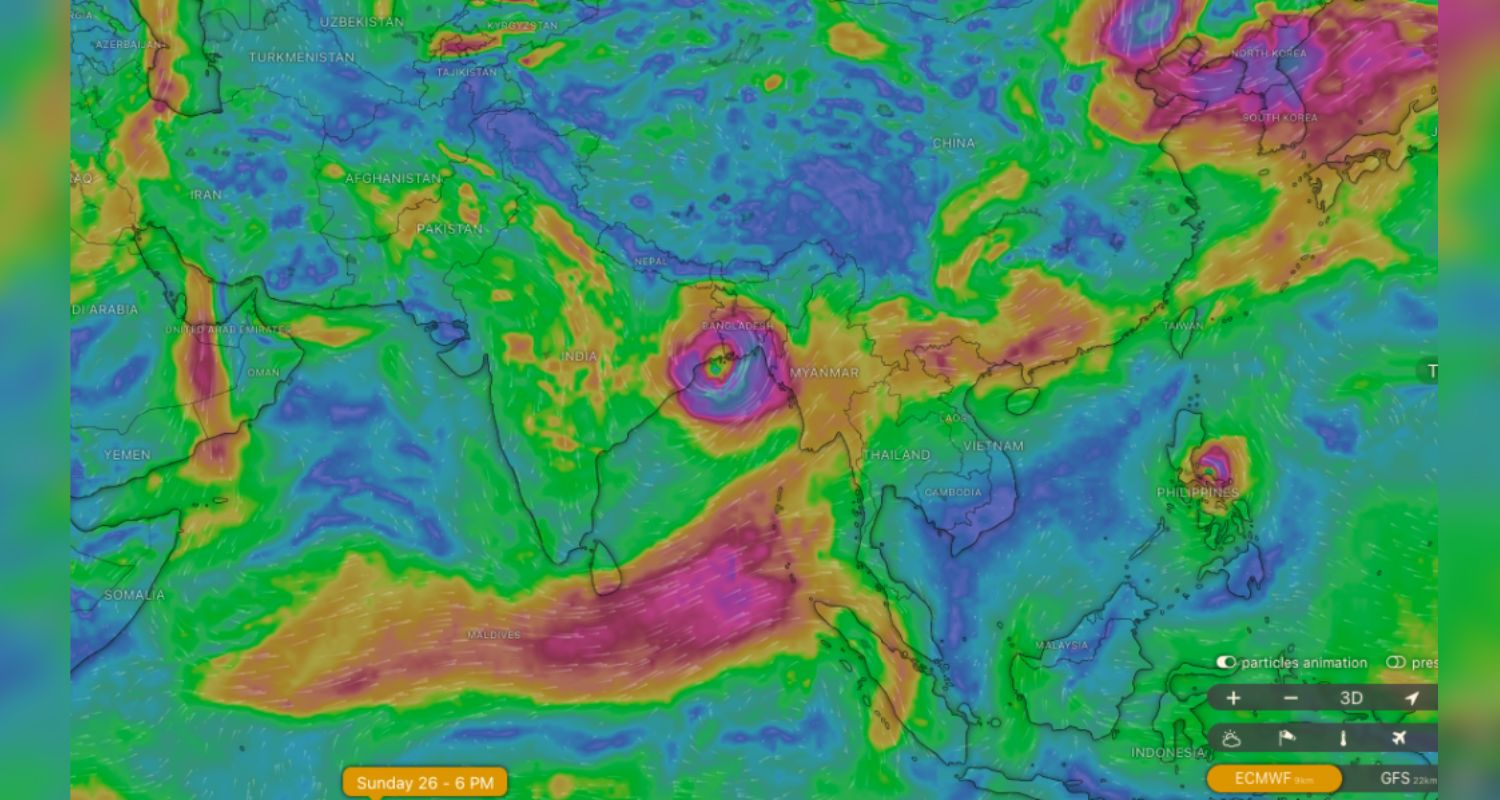 Low-pressure area formed over Bay of Bengal readies to intensify into cyclone Remal. (Screengrab: Windy.com).