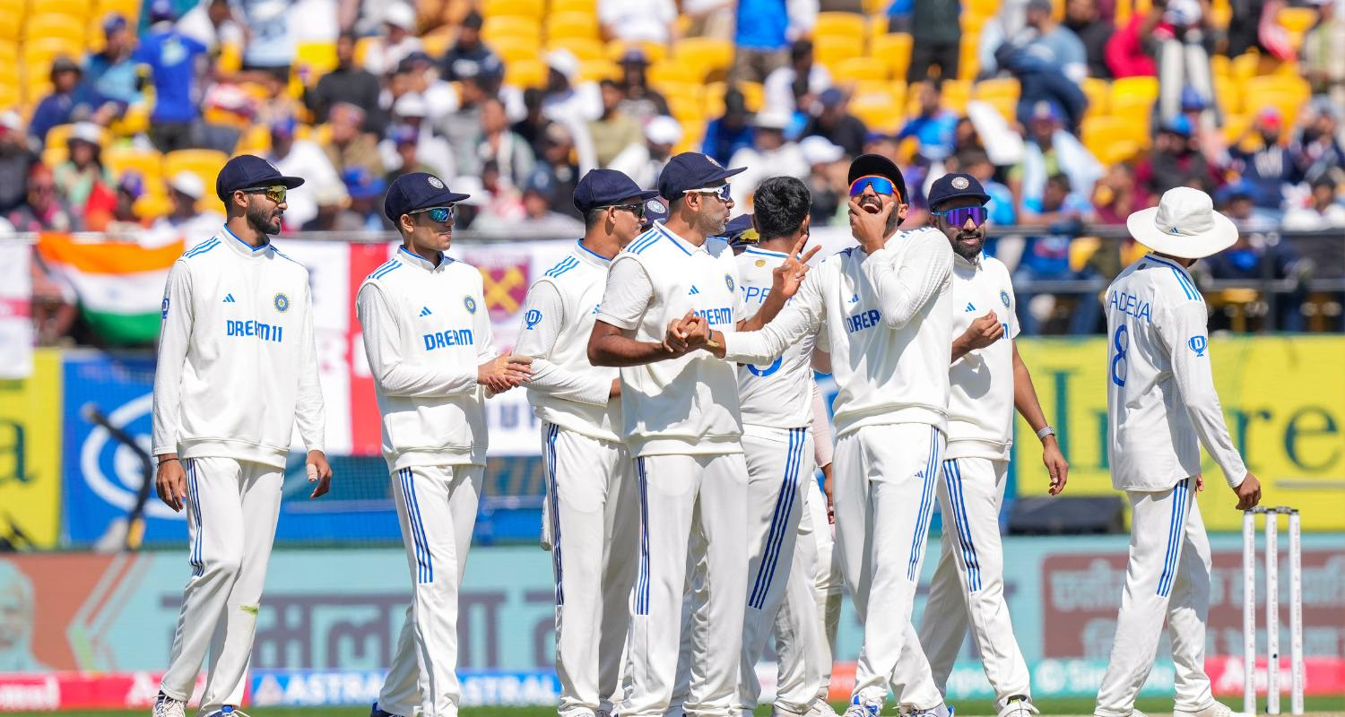 An image of Team India celebrating their victory in the Test series against England.