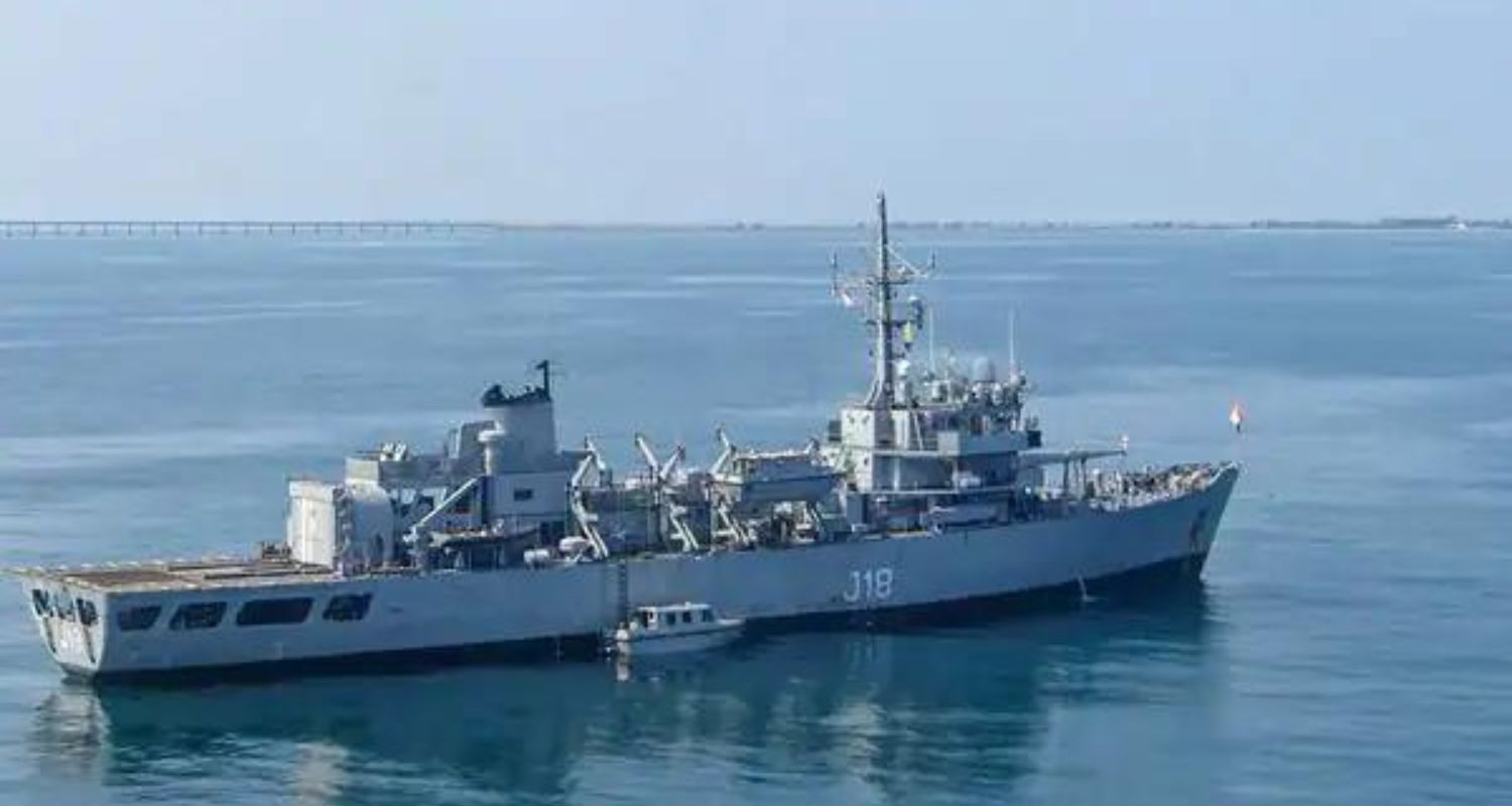 Indian Navy Ship Sandhayak patrolling the Indian Ocean.