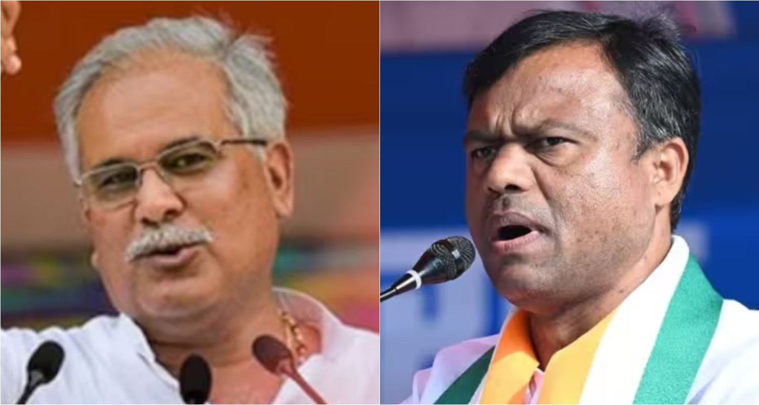 Former Chhattisgarh Chief Minister Bhupesh Baghel (left), head of Chhattisgarh Congress Deepak Baij.