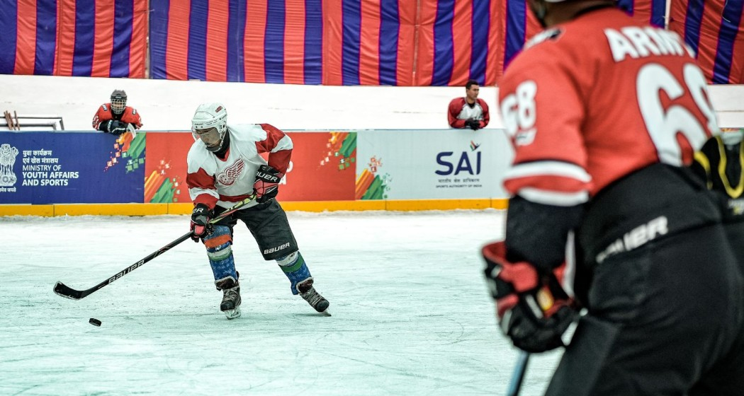 Ice hockey players in action during the Khelo India Winter Games, 2024.
