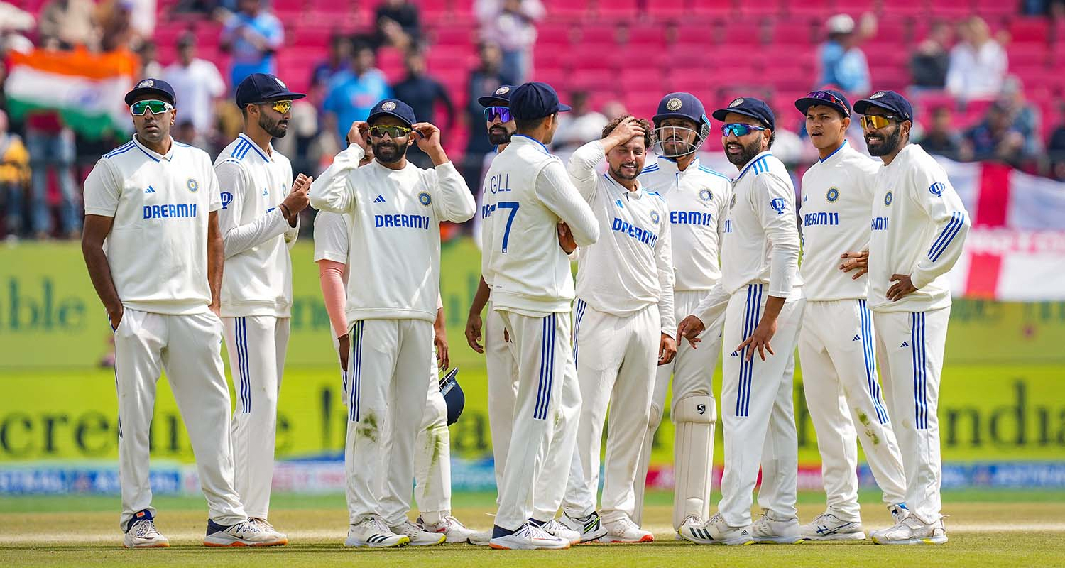 Indian players celebrating Kuldeep Yadav's fifer on the first day of 5th Test between India and Pakistan at Dharamshala, Himachal Pradesh.