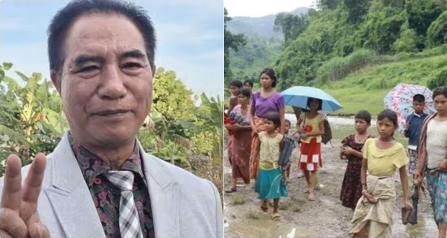 Mizoram's Chief Minister Lalduhoma along with Defence Minister Rajnath Singh. Refugees from Myanmar.