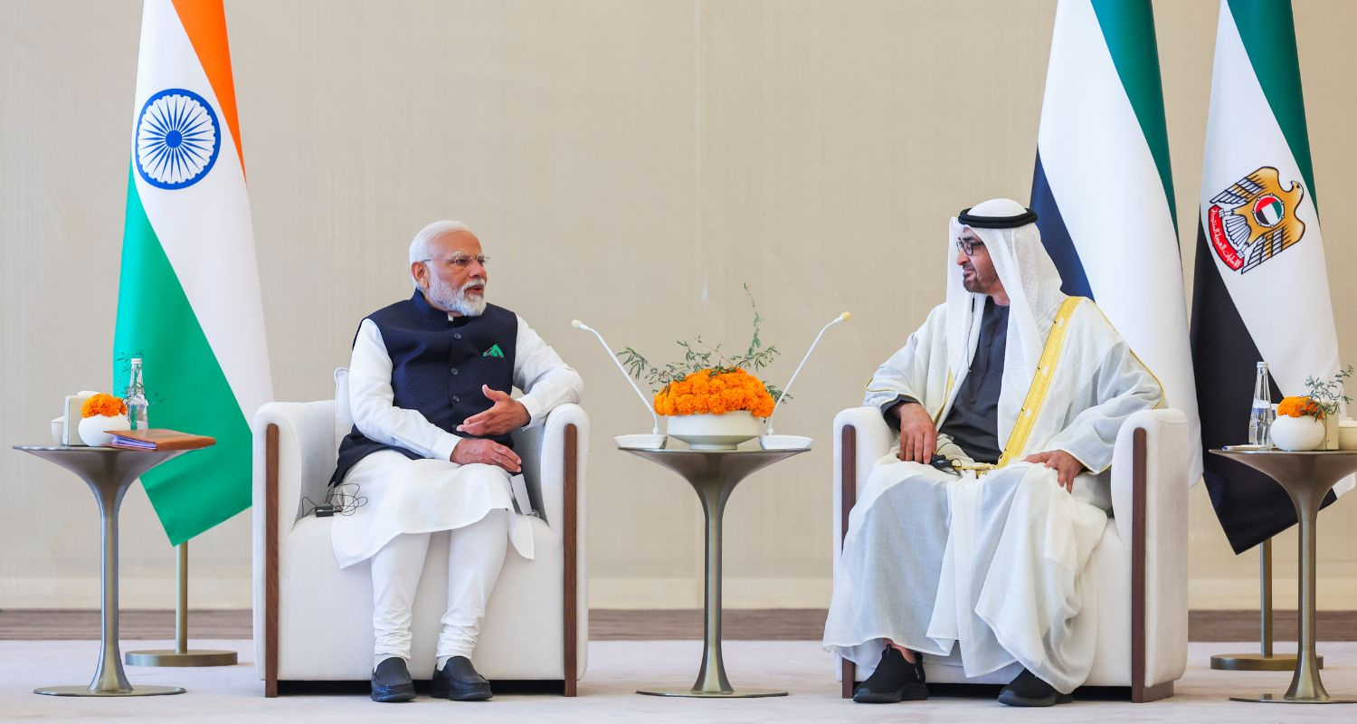 Prime Minister Narendra Modi being received by UAE President Mohamed bin Zayed Al Nahyan upon his arrival in Abu Dhabi, UAE on Tuesday.