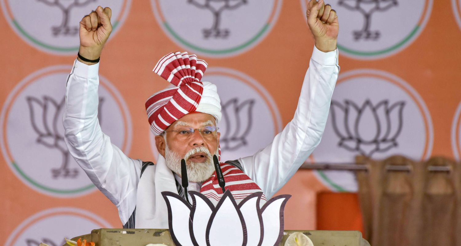Prime Minister Narendra Modi addresses a gathering at a public meeting for the Lok Sabha polls, in Gumla district on Saturday.