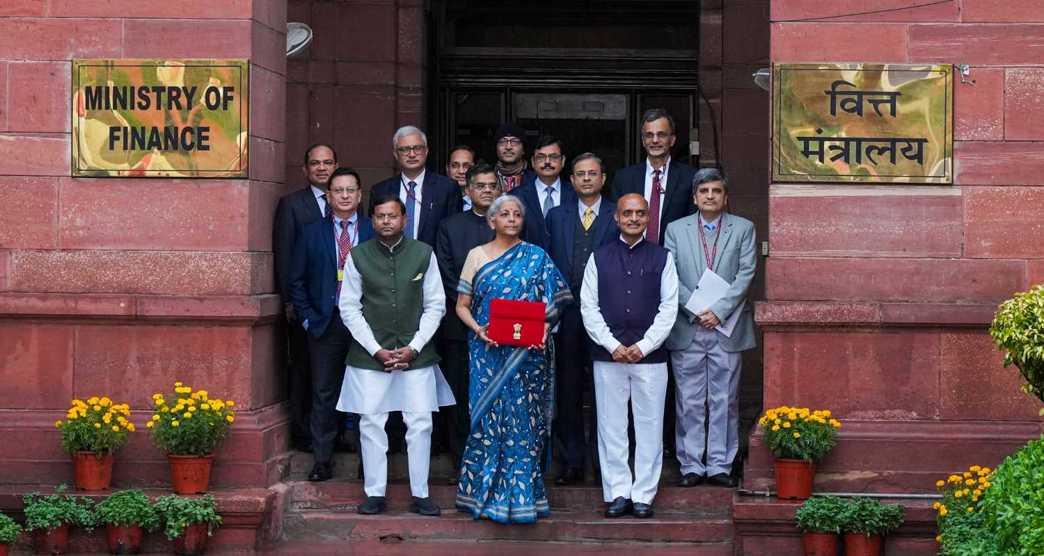 Finance minister Nirmala Sitharaman outside the finance ministry before presenting the budget with secretaries of the ministry, in New Delhi