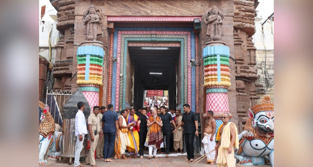 PM Modi coming out of the Jagannath temple in Puri after offering prayers on Monday morning.