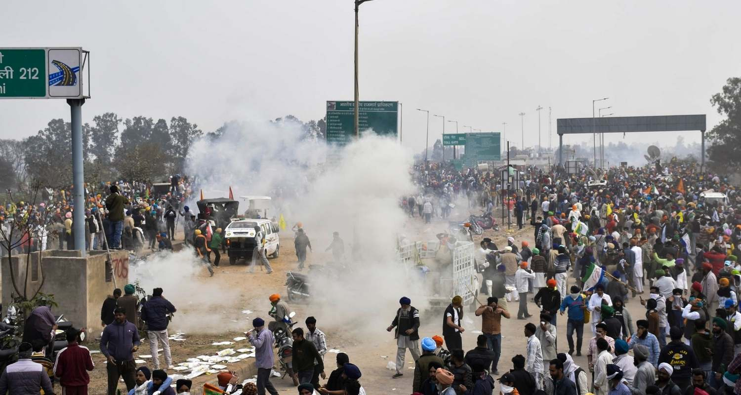 Tear gas being deployed by the forces at Shambhu border as retaliation to protestors pelting stones