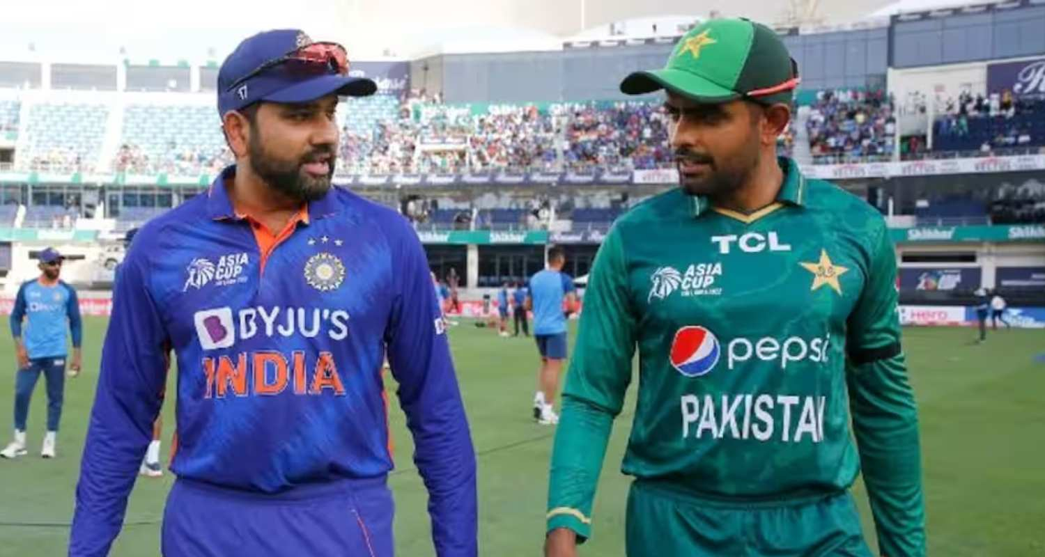 Indian skipper Rohit Sharma with former Pakistan captain Babar Azam, walking at the Wankhede stadium.