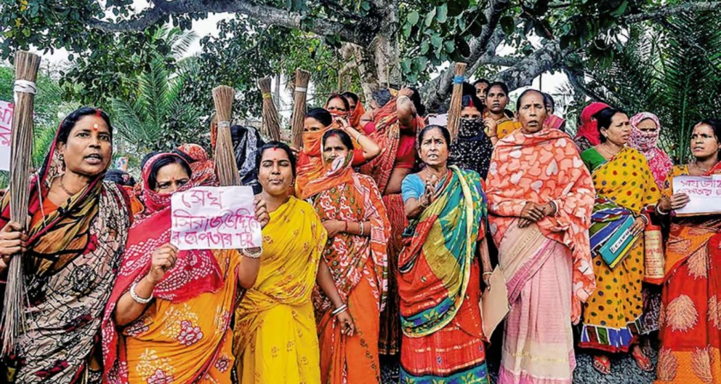 Women staging a protest in Sandeshkhali. 