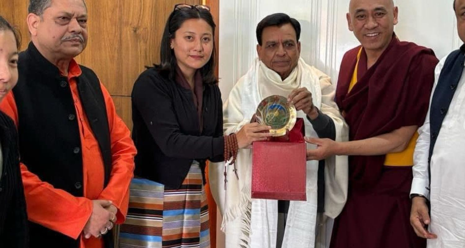 Tibetan MP in exile Tenzin Choezin hands a memento during the India-Tibet friendship meet, India Tibet Friendship forum in Bhopal, Indore, Madhya Pradesh