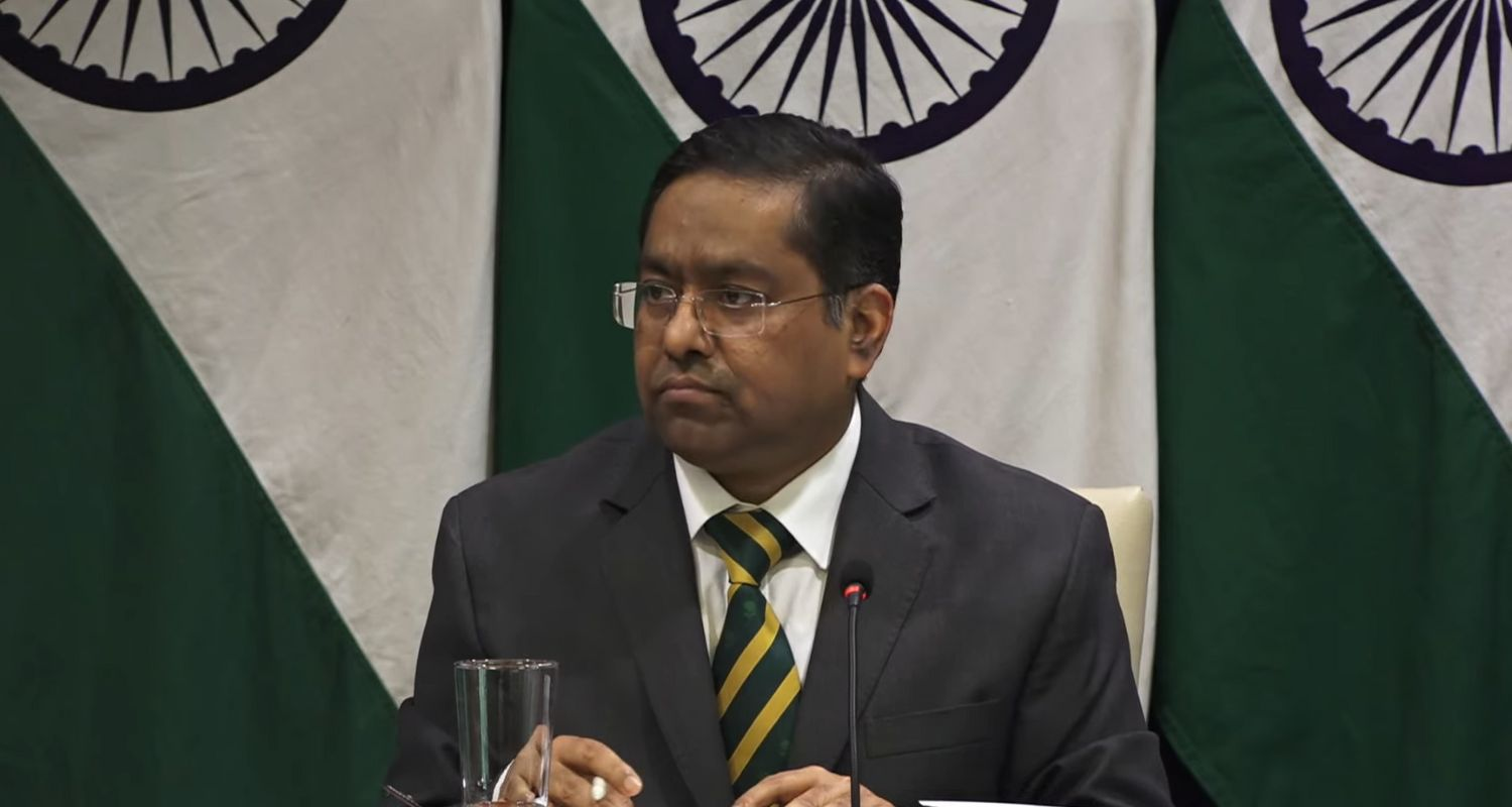MEA Spokesperson Randhir Jaiswal while the press briefing. Image X.