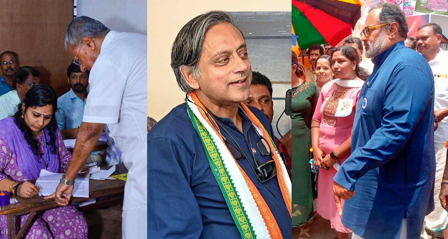 Kerala Chief Minister Pinarayi Vijayan, Shashi Tharoor, and Rajeev Chandrashekar. 