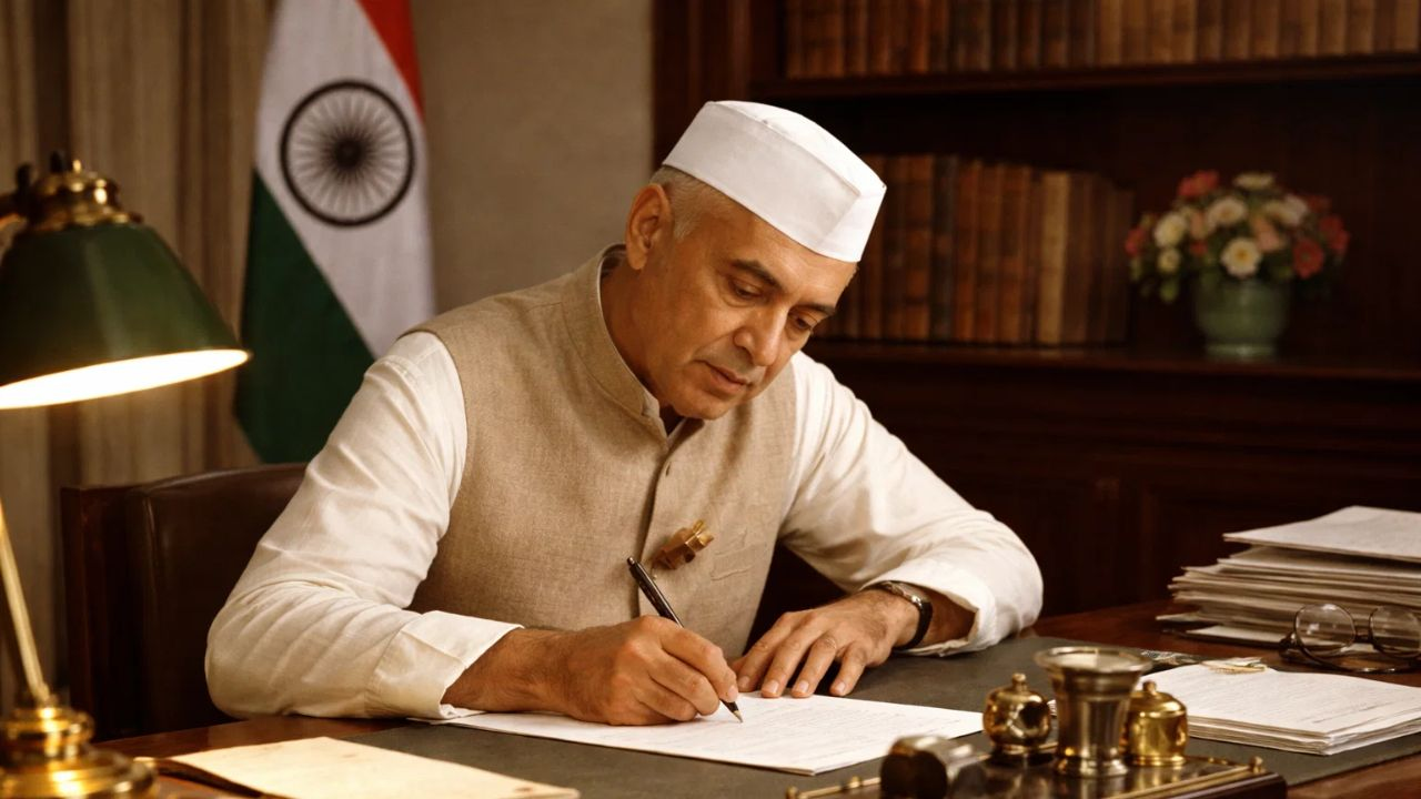 ai generated image of pandit nehru writing a letter