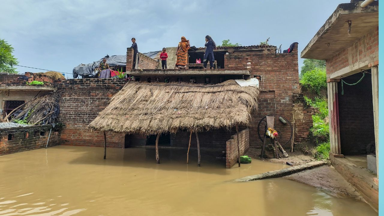 people on the roof due to flood like situation । Photo Credit: PTI
