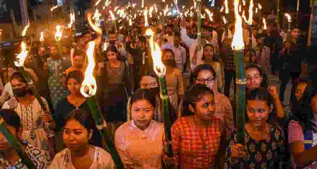 Members of the All Assam Students' Union (AASU) stage a protest in Guwahati against the Centre's decision to implement the CAA.