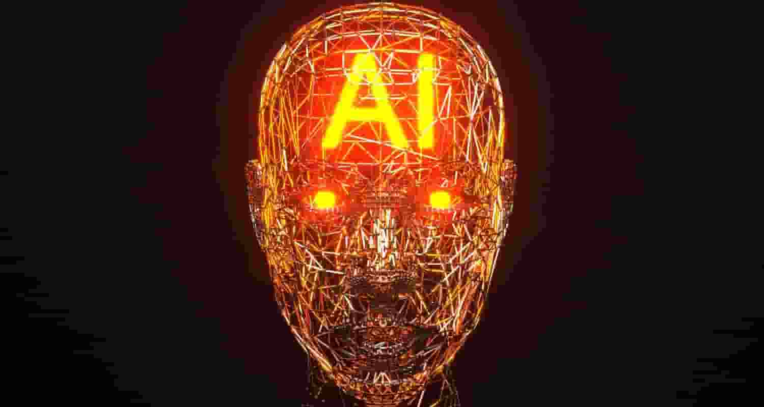 A Robot with the glowing text "AI"  inside of its skull