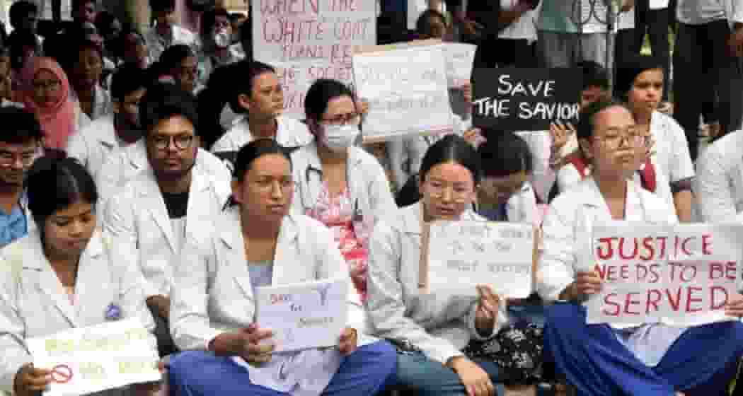 Resident doctors and medical students stage a protest against the sexual assault and murder of a postgraduate trainee doctor in Kolkata, at Gauhati Medical College and Hospital, in Guwahati, Assam.