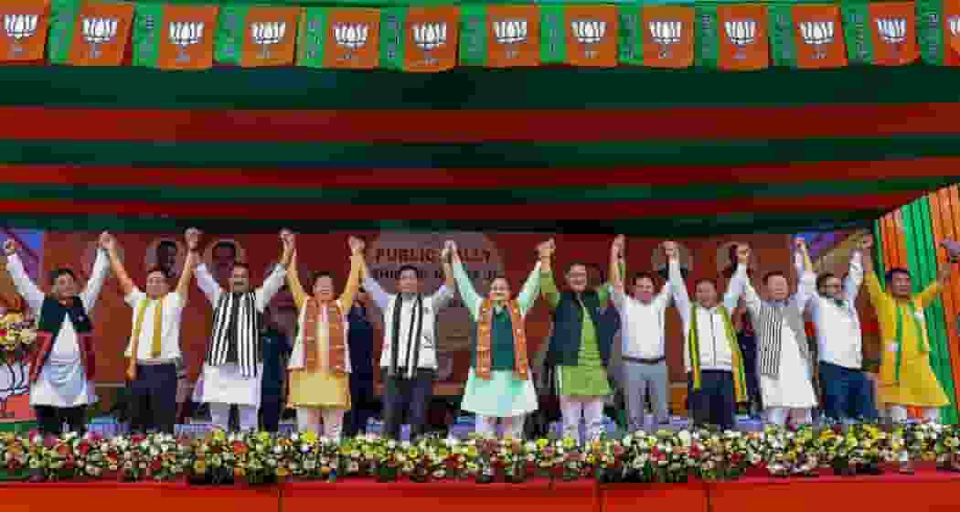 BJP National President JP Nadda with Arunachal Pradesh Chief Minister Pema Khandu, Union Minister Kiren Rijiju, party's state president Biyuram Wahge and others during a public meeting ahead of the upcoming Lok Sabha election, in Itanagar.