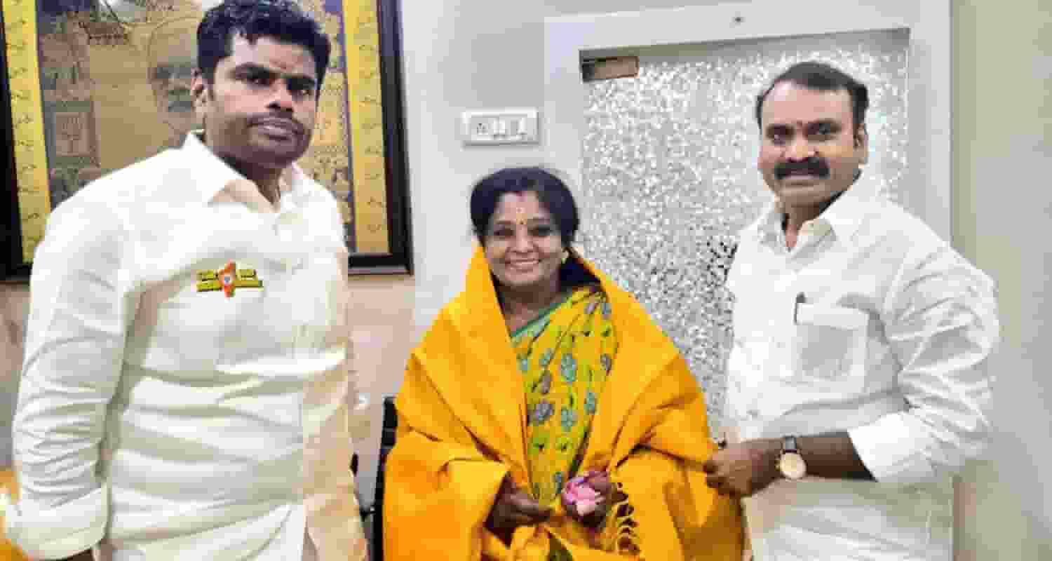 Tamilisai Soundararajan rejoins BJP in the presence of Tamil Nadu BJP chief K. Annamalai and Union Minister L. Murugan. 