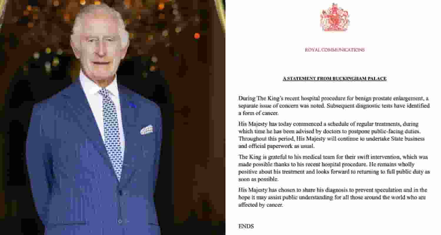 British King Charles in a blue suit poses for a picture before his cancer diagnosis