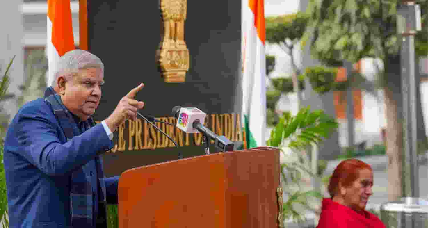 Vice-President Jagdeep Dhankhar speaks to tribal students in Delhi.