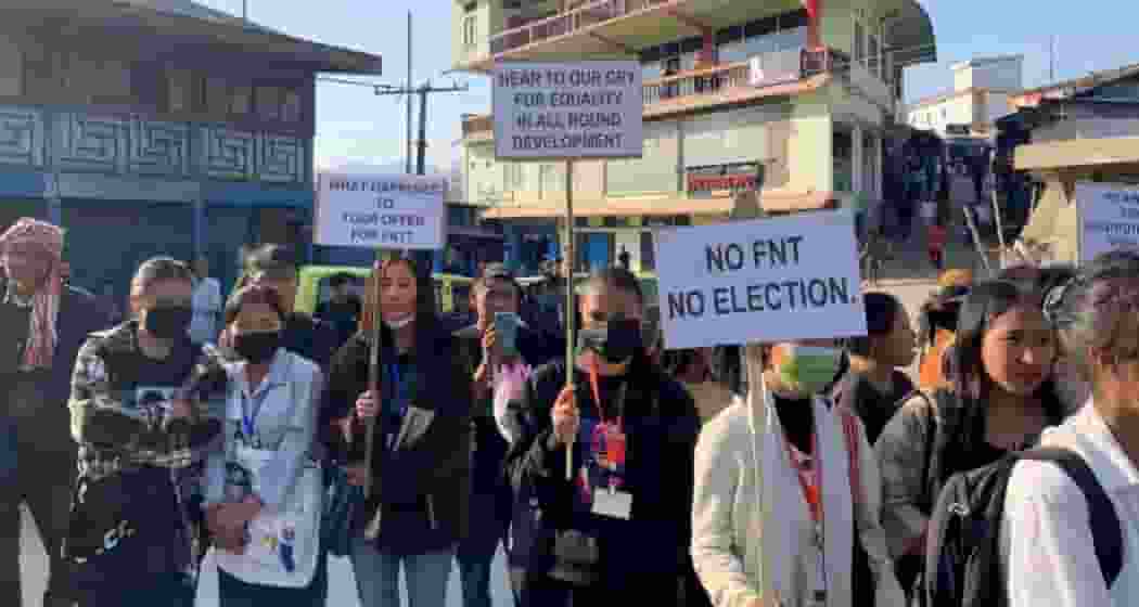 Residents of Tuensang, Nagaland, gather in protest amidst a complete shutdown, as legislators convene for a Joint Coordination meeting in their demand for the Frontier Nagaland Territory. 