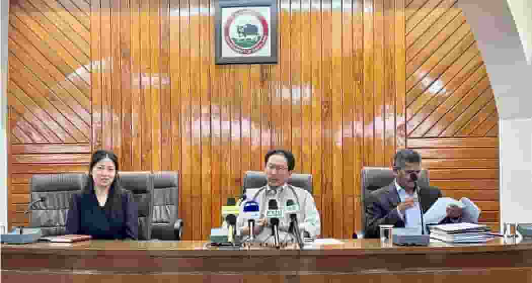 Delegates from the Nagaland governemtn including State Minister K G Kenye (C) during their interaction with media persons regarding their call to ENPO to not abstain from the urban and local body elections scheduled to be held on June 26.