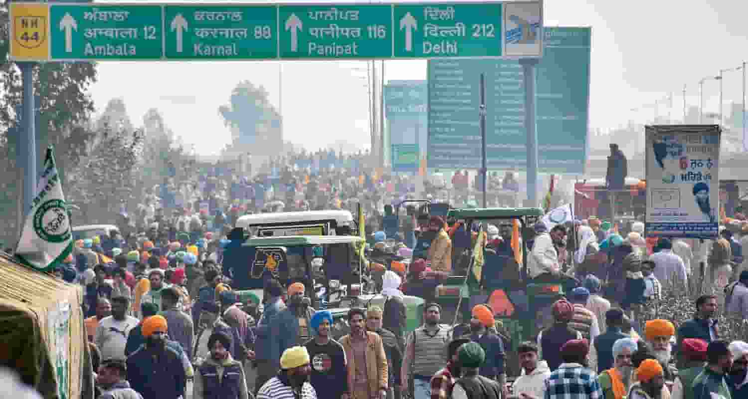 Farmers assemble at the Shambhu border (Punjab-Haryana) for their 'Delhi Chalo' march, near Ambala, Tuesday. 