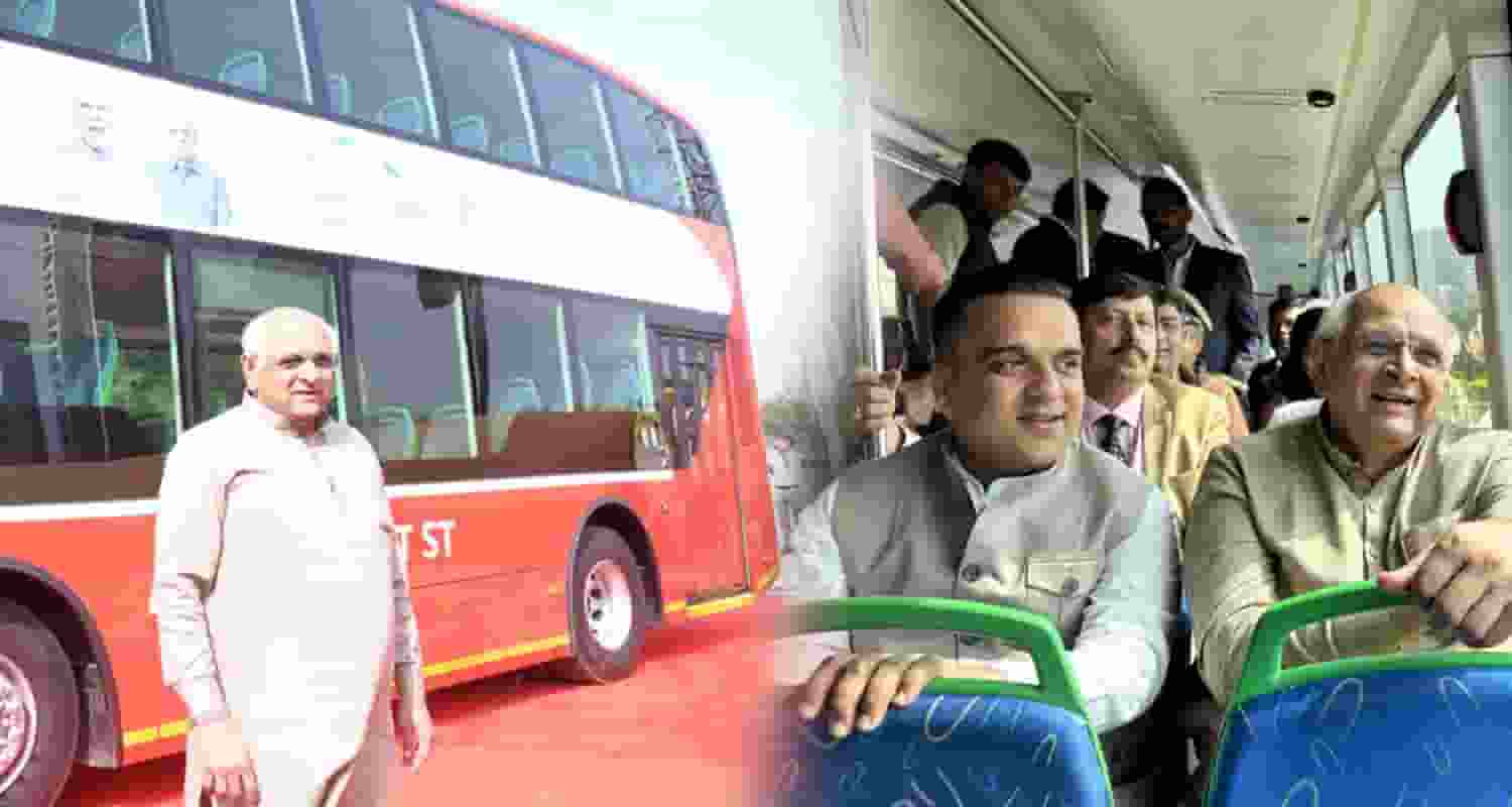 Chief Minister Bhupendra Patel and Minister Harsh Sanghvi taking a ride in the Newly inaugurated double-decker bus