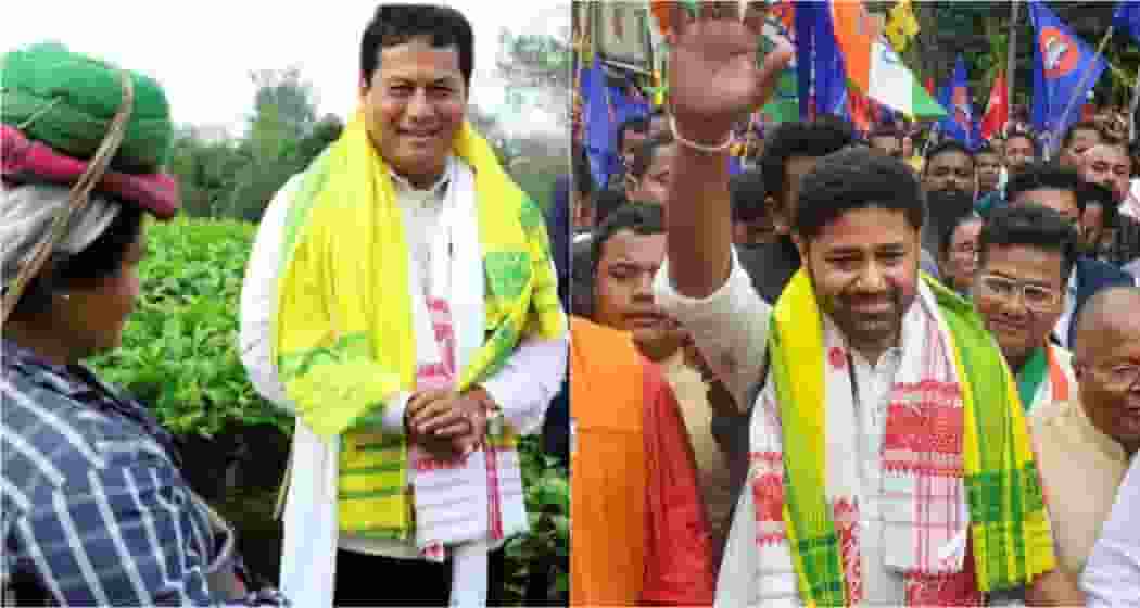 Bharatiya Janata Party's Union Minister Sarbananda Sonowal (left), Assam Jatiya Parishad's Lurinjyoti Gogoi (right).