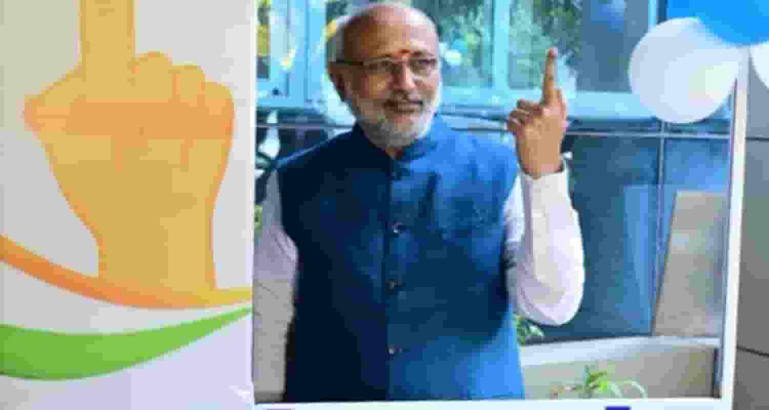 Jharkhand Governor CP Radhakrishnan poses for a picture after casting his vote in Ranchi on Saturday.