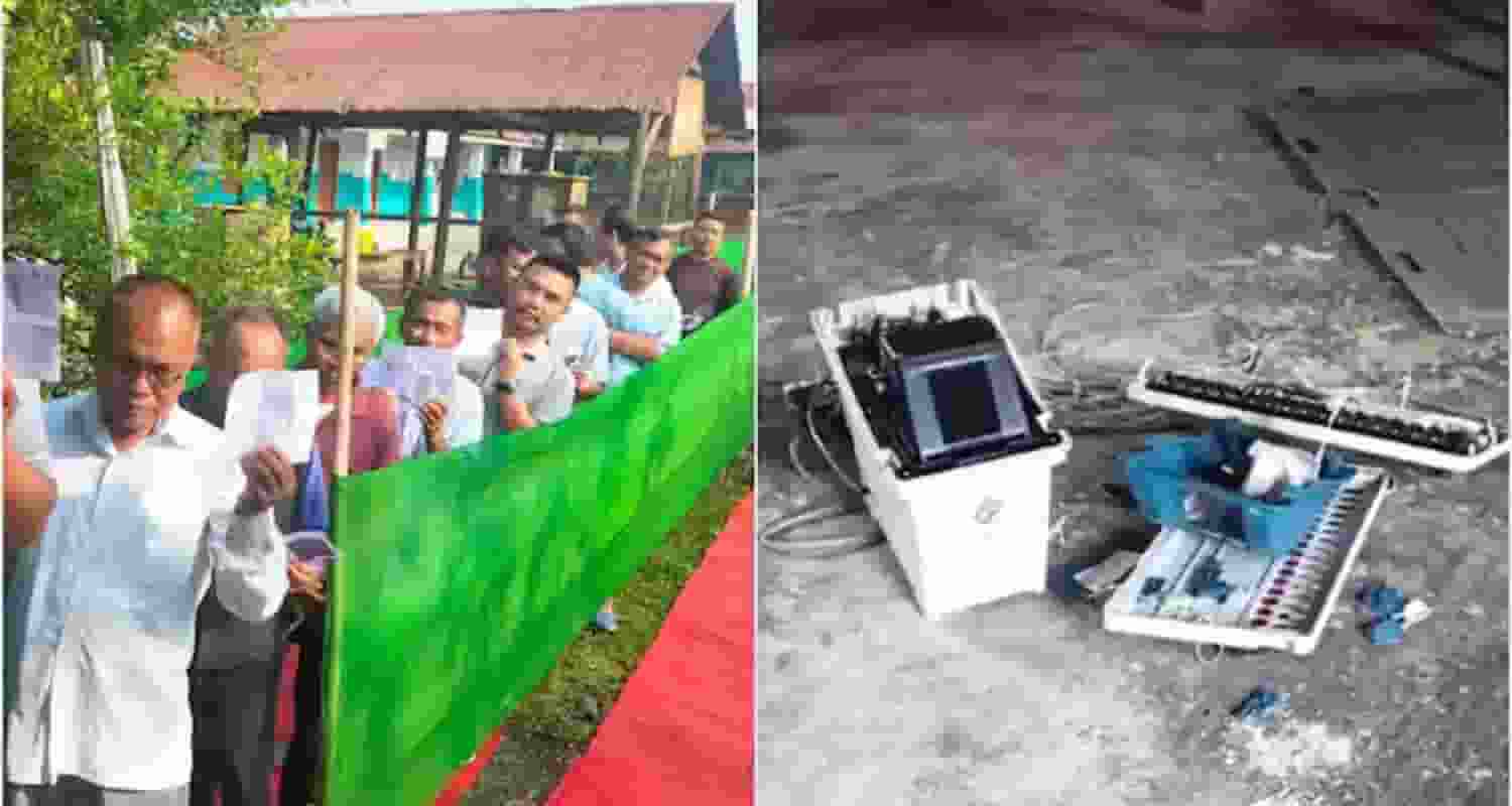 Voters wait in a queue at a polling station to cast their votes in Luwangsangbam in Manipur, Friday, April 19, 2024. EVMs destroyed after violence reported at Iroisemba polling station in Imphal West.