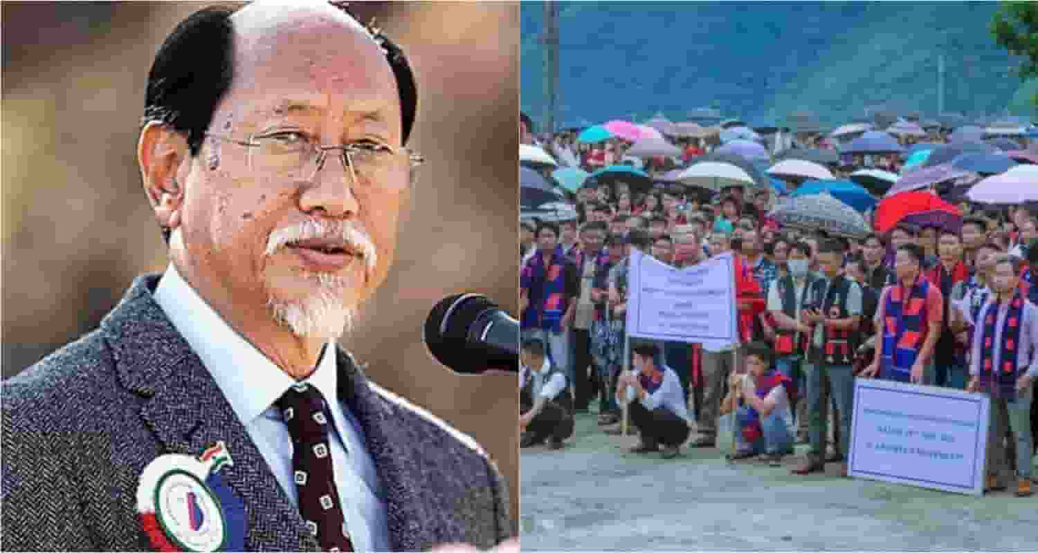 Nagaland Chief Minister Neiphiu Rio (left), people in Tuensang town during a public rally demanding a separate Frontier Nagaland state.