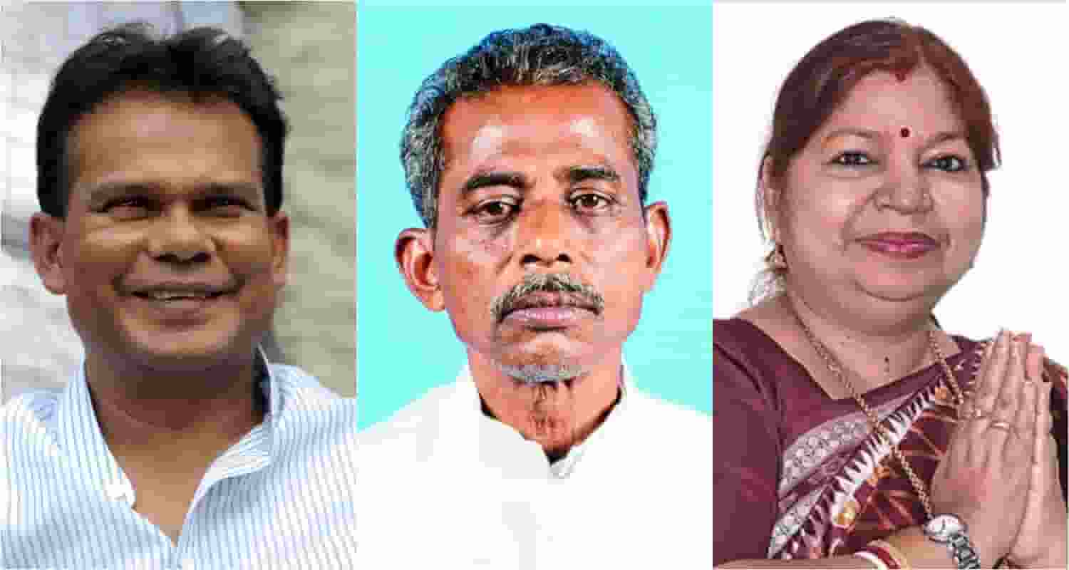 (From left) Former Coal Minister Dilip Ray, a BJP nominee from the Rourkela Assembly segment, BJD's Sanatan Mahakud from Champua and Subasini Jena from Basta. 