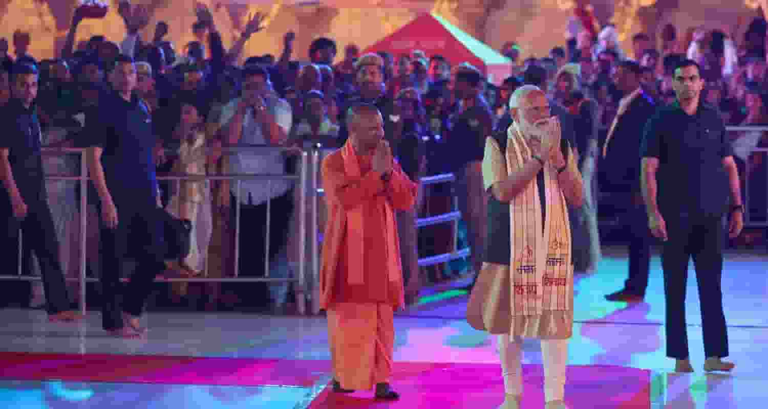 PM Narendra Modi along with UP CM Yogi Adityanath at the Shri Kashi Vishwanath Temple in Varanasi on Saturday.