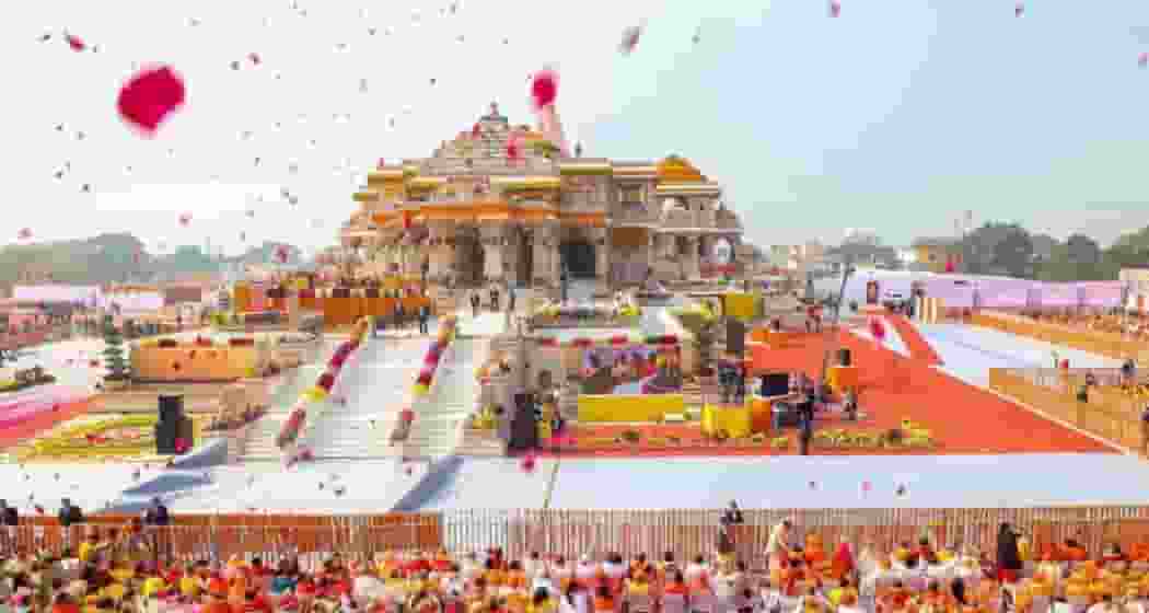 Gathering during the consecration ceremony at the Ram Mandir, in Ayodhya on Monday, Jan. 22, 2024.