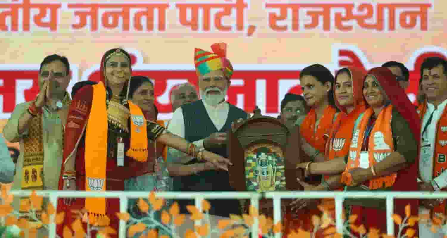 PM Modi in Barmer, Rajasthan addresses a rally. Image X.