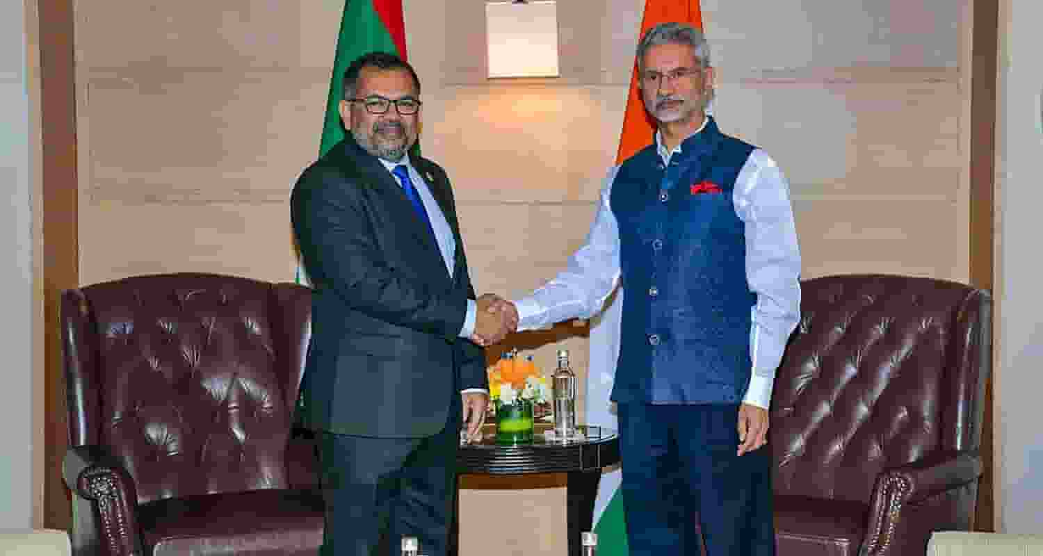 External Affairs Minister S Jaishankar with Maldives Foreign Minister Moosa Zameer at a meeting, in New Delhi on Thursday.