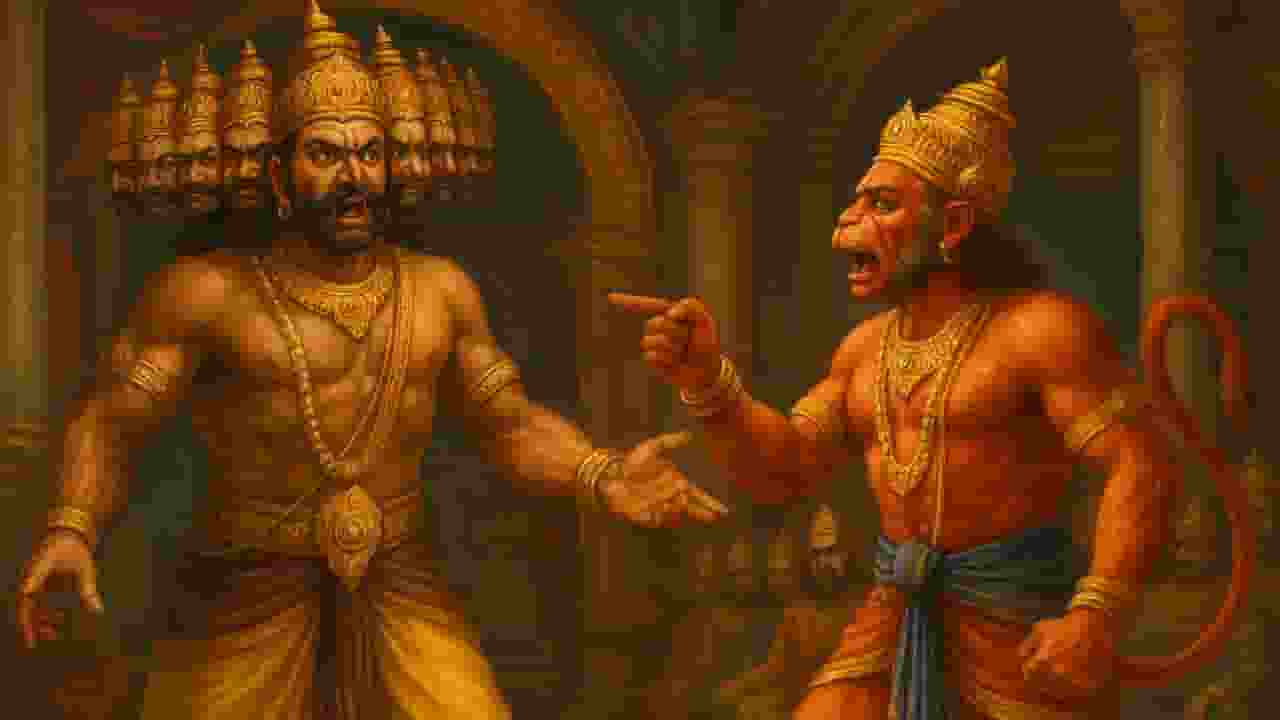 जब रावण की भरी सभा में हनुमान जी ने दिया था सुशासन का ज्ञान AI Image of Hanuman ji And Ravan Samwad